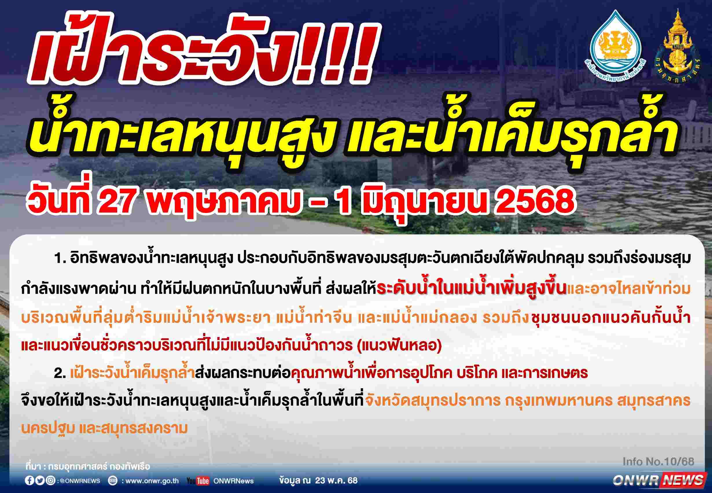 สนทช.เฝ้าระวังน้ำทะเลหนุนสูง-น้ำเค็มรุกล้ำ 27 พ.ค.-1 มิ.ย. 2568