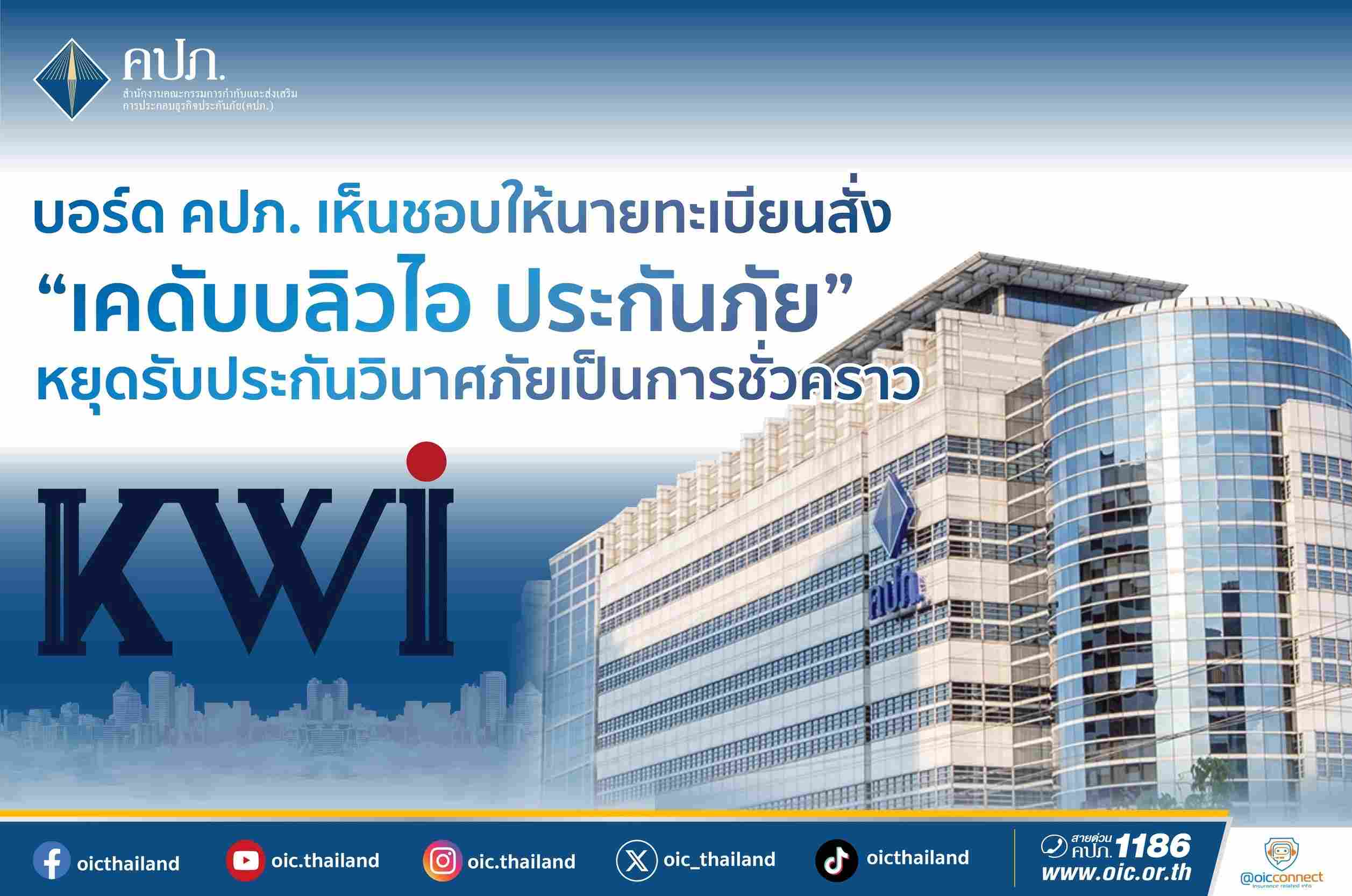 บอร์ด คปภ. ให้นายทะเบียนสั่ง 'เคดับบลิวไอ ประกันภัย' หยุดรับประกันวินาศภัยชั่วคราว