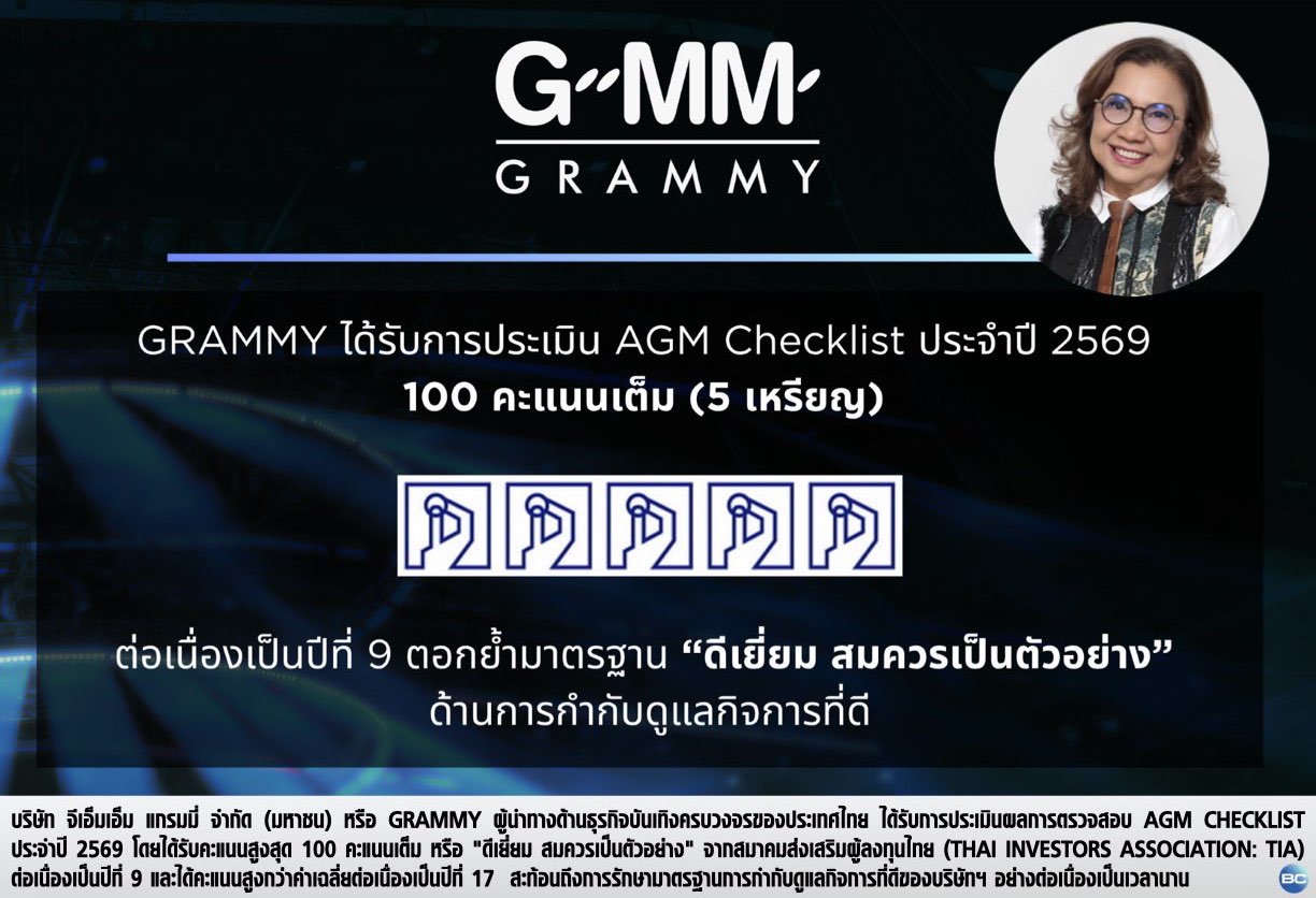 GRAMMY ได้รับ 100 คะแนนเต็ม จากการประเมิน AGM Checklist ประจำปี 2569